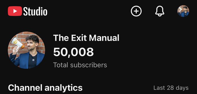A screenshot of the YouTube Studio dashboard for "The Exit Manual" channel showing 50,008 total subscribers, celebrating the milestone mentioned in the post of reaching 50,000 subscribers—halfway to earning a silver YouTube play button.