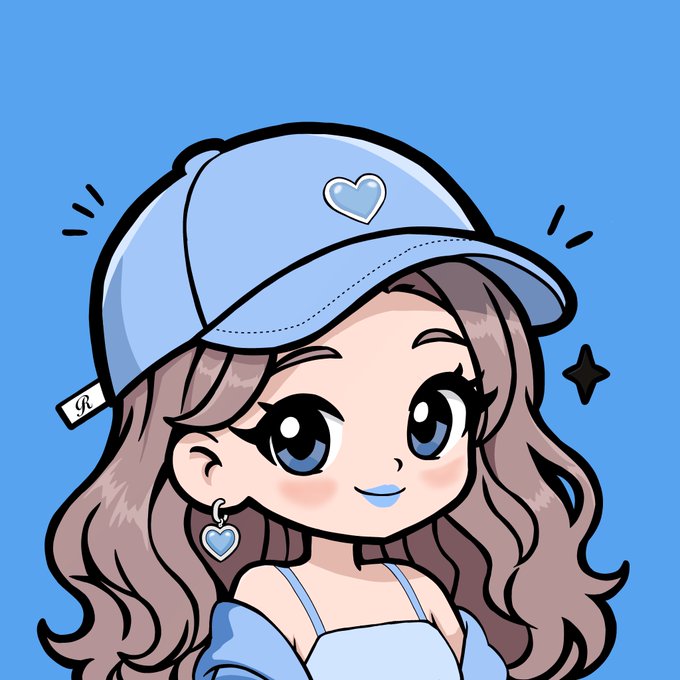 A cute cartoon girl with big blue eyes, wavy brown hair, and blue lips wears a light blue cap featuring a heart emblem, along with a matching heart earring, set against a solid blue background. The "R" tag on her cap and the dreamy, chibi-style aesthetic reflect the "dreamy girl" NFT collection being shared on OpenSea, with sparkles adding to the whimsical, collectible feel.