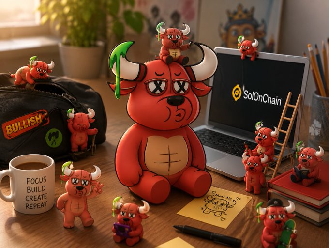 A desk scene populated by red bull mascots, with a laptop displaying the “SolOnChain” logo and a black bag labeled “BULLISH.”
