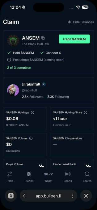 A mobile screenshot of a Bullpen.fi 'Claim' page showing an ANSEM token ($ANSEM) claim task with a 'Trade $ANSEM' button and user profile @rabinfull displaying holdings and stats.