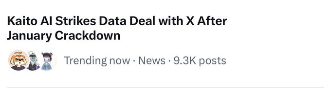 A trending news headline reading 'Kaito AI Strikes Data Deal with X After January Crackdown,' marked as 'Trending now · News · 9.3K posts'.