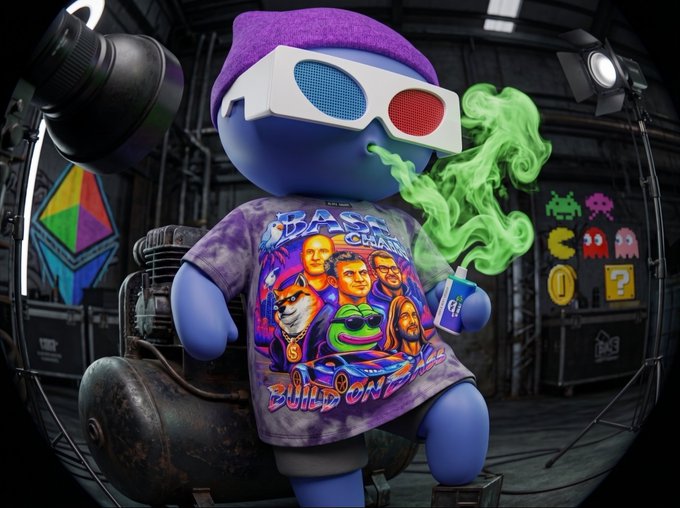 A 3D-rendered blue cartoon character wearing 3D glasses, a purple beanie, and a 'BASED SQUAD BUILD ON' t-shirt, holding a cup that emits green vapor, with classic video game characters visible on the wall behind.