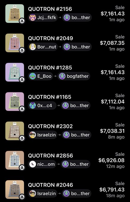 A screenshot of a digital marketplace showing several 'QUOTRON' item sales ranging from $6,791.43 to $7,161.43, all purchased by a user named 'bogfather'.