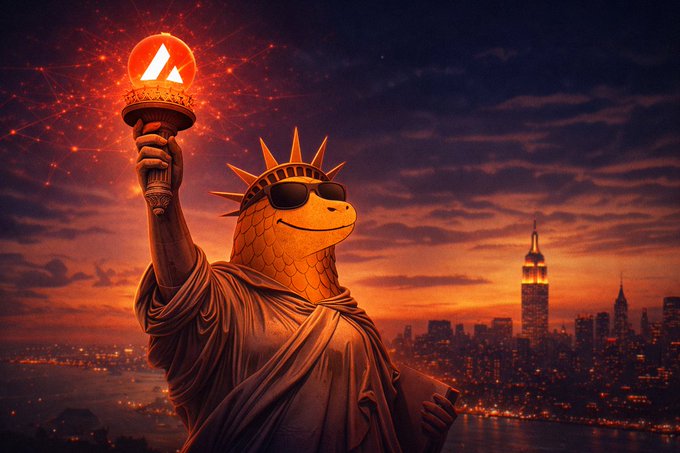 An anthropomorphized Statue of Liberty featuring a reptilian head wears sunglasses and holds a torch displaying the Avalanche (AVAX) logo, with the Manhattan skyline bathed in sunset hues in the background—symbolizing the crypto summit's arrival in New York City.