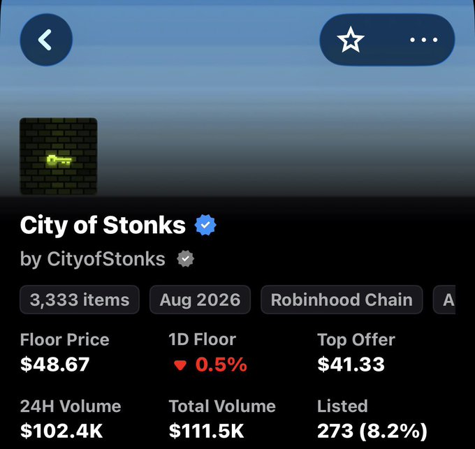 An NFT collection listing for 'City of Stonks' by CityofStonks, showing a Floor Price of $48.67, 1D Floor down 0.5%, Top Offer of $41.33, 24H Volume of $102.4K, Total Volume of $111.5K, and 273 (8.2%) Listed, on the Robinhood Chain.