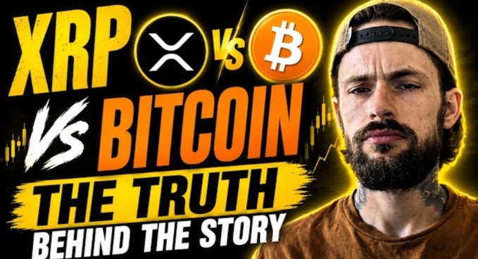 A bearded man in a backward cap appears beside bold yellow and orange text reading "XRP vs BITCOIN - THE TRUTH BEHIND THE STORY," visually promoting a YouTube video that compares the two cryptocurrencies.