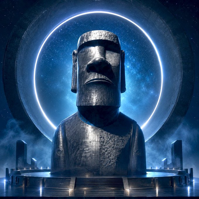 The image features a large metallic statue of an alien creature with a stone head, standing under a starry blue background. The statue appears to be carved from stone or marble, giving it a lifelike appearance. The creature's face is prominently displayed on its body, and it seems to be facing the viewer directly. The post includes text that reads "MOAI /$MOAI On Rapa Nui, the giants stood beneath the sun. Across distant worlds, the same silhouettes rise under alien stars - carved from stone, marble, crystal, and black cosmic metal One question left in the sky: What if?"