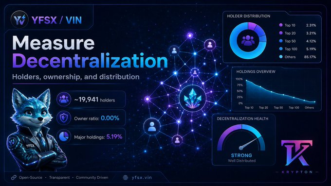 A dashboard for YFSX/VIN showing decentralization metrics including ~19,941 holders, 0.00% owner ratio, 5.19% major holdings, and a 'Strong' decentralization health rating by Kryptom.