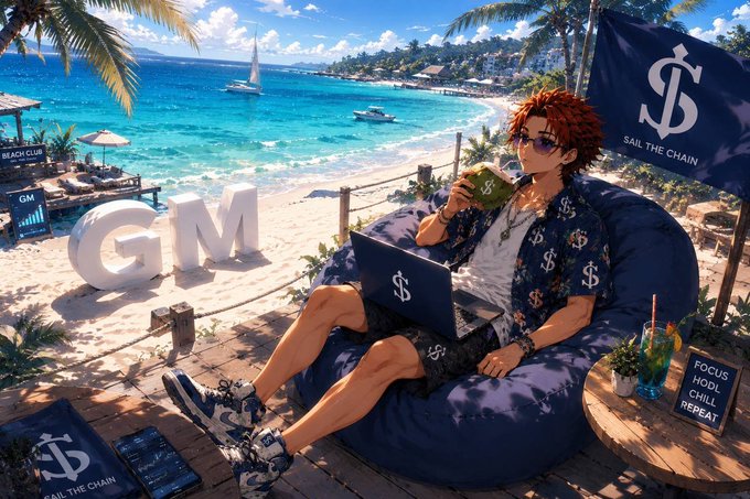An anime-style character lounges on a bean bag at a tropical beach, sipping a green drink from a coconut while working on a laptop, with "SAIL THE CHAIN" banners, a "GM" sign, and a placard reading "FOCUS HODL CHILL REPEAT" around them. The laid-back, wealth-lifestyle imagery visually reinforces the post's casual endorsement of Ethra Ship's Harbor as a chill, user-friendly interface to Morpho vault strategies rather than a high-APY product.
