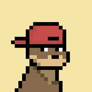 A pixel art illustration shows a character wearing a red baseball cap backwards and a brown shirt against a beige background.