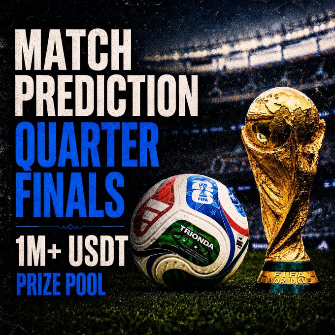 A promotional graphic for BTCC's World Cup 2026 Quarter Finals Match Prediction challenge, featuring a soccer ball and the FIFA World Cup trophy, announcing a "1M+ USDT PRIZE POOL" against a stadium backdrop.