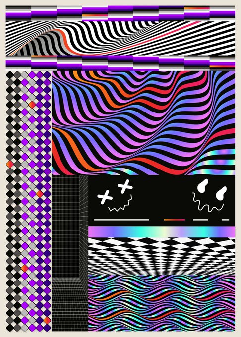 An abstract digital artwork collage featuring psychedelic wavy patterns in purple, orange, and teal, along with black-and-white checkered textures, grid patterns, and small cartoon face graphics.
