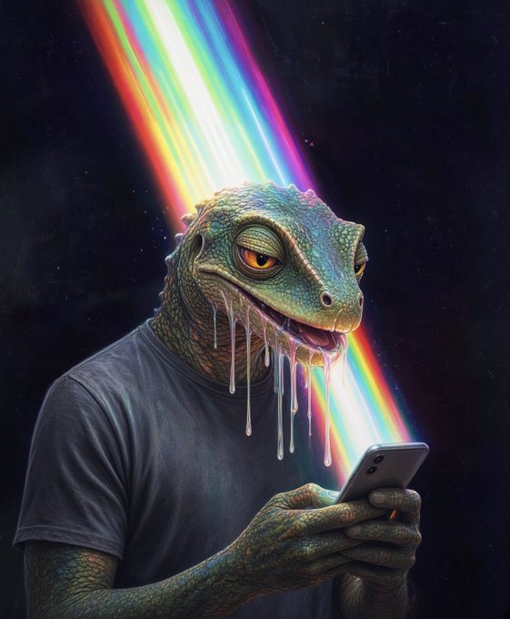 A green reptilian humanoid in a gray t-shirt looks at a smartphone while colorful rainbow light streams from its eyes and mouth, with a white viscous liquid dripping from its chin.