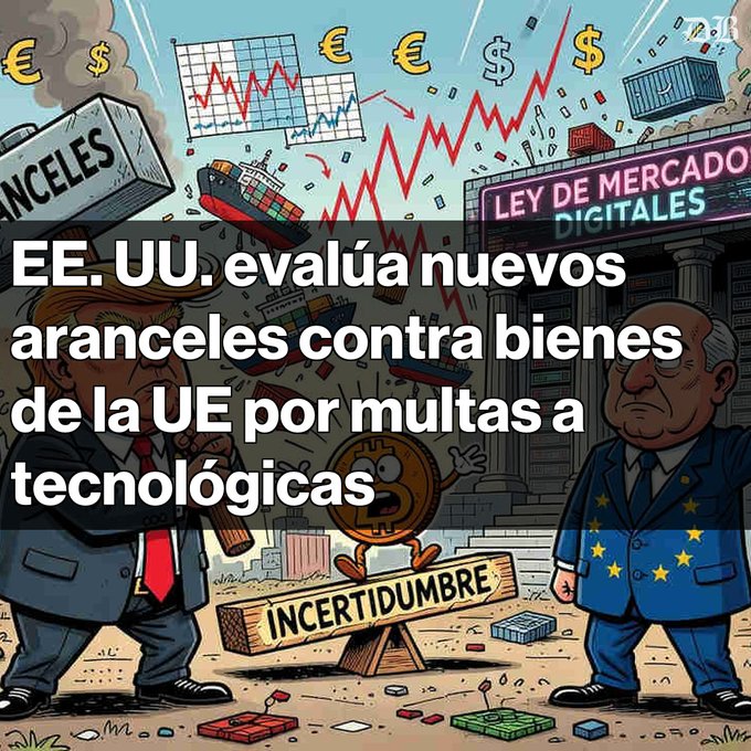 A political cartoon depicts Trump and an EU representative facing off, with text reading 'EE. UU. evalúa nuevos aranceles contra bienes de la UE por multas a tecnológicas' alongside currency symbols, falling shipping containers, and a sign saying 'INCERTIDUMBRE'.
