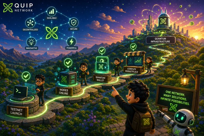 A vibrant fantasy landscape illustrates the Quip Network's evolution from Testnet Launch to Nodes Online, Quantum Wallet, Compute Marketplace, and Quantum Infrastructure, featuring animated characters guiding a path through the milestone checkpoints with attributes like "Scalable," "Decentralized," "Secure," "Innovative," and "Powerful," alongside the message "One Network. Many Solutions. Infinite Possibilities."
