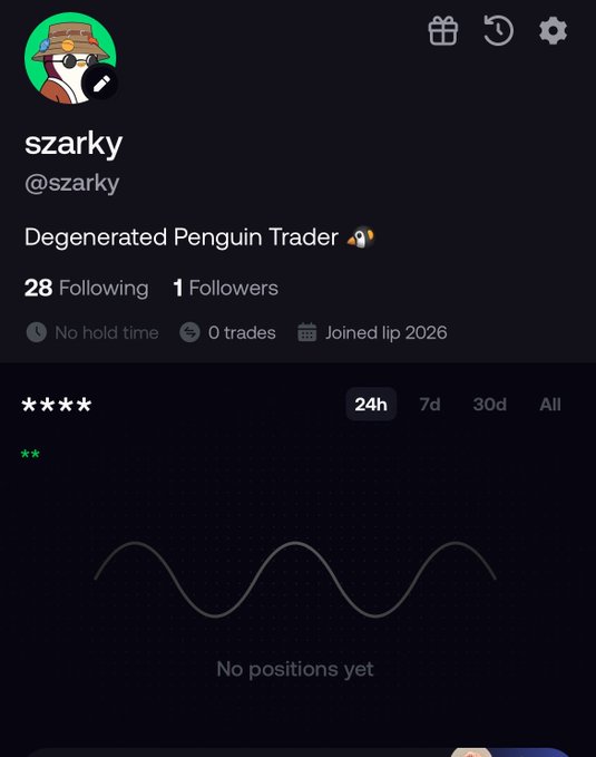 A profile page for a user named 'szarky' (@szarky) titled 'Degenerated Penguin Trader' showing 28 Following, 1 Follower, no hold time, 0 trades, and an empty performance graph with the message 'No positions yet'.