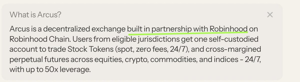 A description box answering "What is Arcus?" states that Arcus is a decentralized exchange built in partnership with Robinhood on Robinhood Chain, offering self-custodied trading of Stock Tokens (spot, zero fees, 24/7) and cross-margined perpetual futures across equities, crypto, commodities, and indices 24/7 with up to 50x leverage.