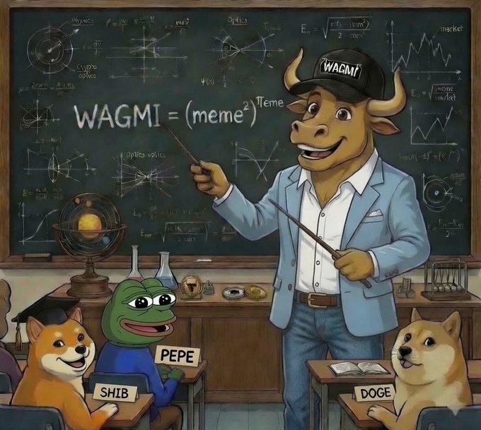 A cartoon illustration of a bull wearing a 'WAGMI' cap standing at a chalkboard teaching the formula 'WAGMI = (meme²)ᴹᵉᵐᵉ' to a classroom of meme coin characters including Pepe (labeled PEPE), a Shiba Inu (labeled SHIB), and a Doge (labeled DOGE).