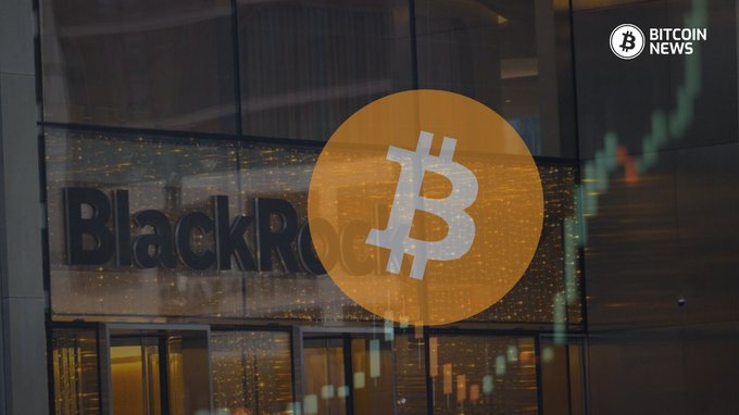 A "BITCOIN NEWS" graphic showing the Bitcoin logo overlaid on a BlackRock building with a stock chart in the background.