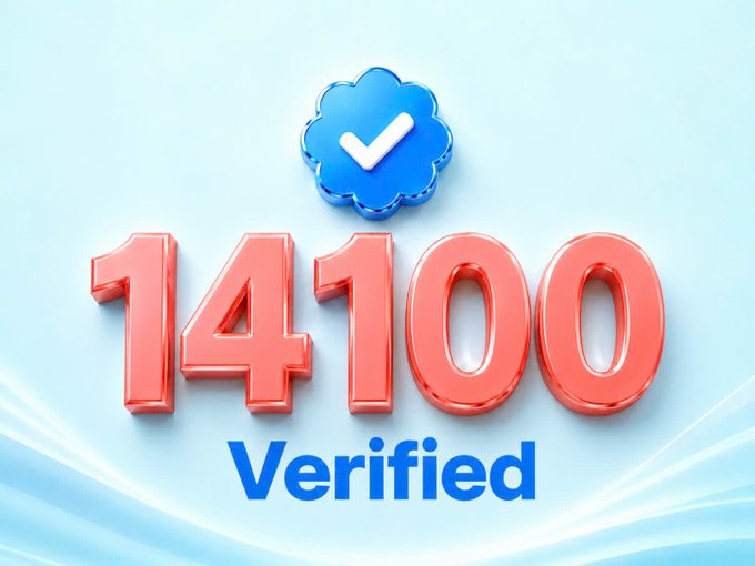 A graphic displaying a blue verified checkmark above the number '14100' with the word 'Verified' below on a light blue background.
