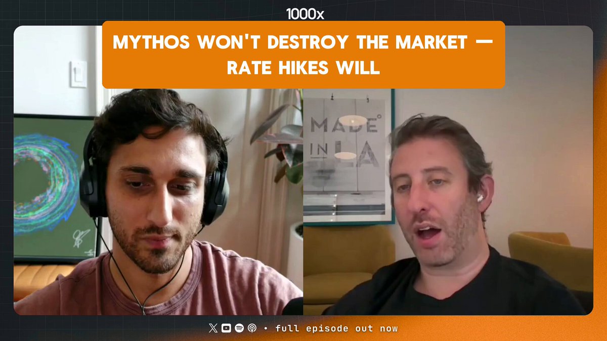 The image shows two men wearing headphones, possibly watching a video or listening to a podcast together. They are positioned next to each other with one man appearing more prominently than the other. The background features an orange frame that contains text related to Mythos not destroying the market and rate hikes will.