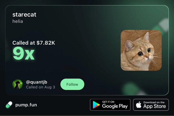 The image shows a Pump.fun profile card for the token "starecat" (helia), which reached a market cap of $7.82K with a 9x multiplier, called by user @quantjib on Aug 3, featuring a photo of an orange British Shorthair cat. The caption aligns with the post's promotional tone, as the user is pitching "starecat" as a potential 1000x memecoin on Pump.fun, leveraging the modest early gains shown in the card as social proof of momentum.