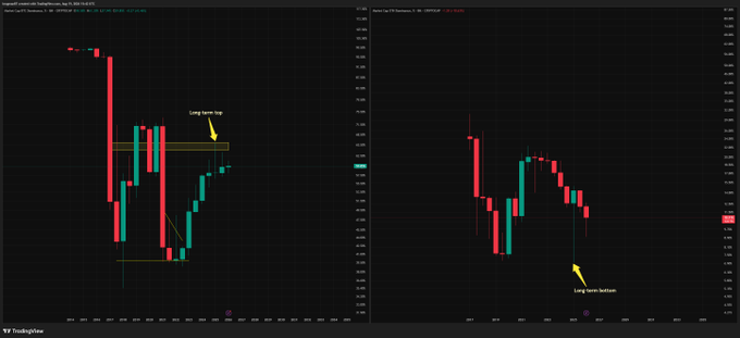Two TradingView candlestick charts are displayed side by side: the left chart shows BTC.D (Bitcoin Dominance) for September 2024, highlighting a sharp decline from around 58% to a "Long lower high" near 54%, while the right chart displays ETH.D (Ethereum Dominance) for September 2024, showing a recovery from a "Long term bottom" near 9%. The charts visually support the author's thesis that a major top in BTC dominance has formed alongside a major bottom in ETH dominance, suggesting a potential altcoin-led bull run.