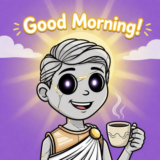 A cheerful cartoon statue with glowing eyes holds a steaming coffee cup against a sunlit purple sky, with the text "Good Morning!" displayed above. The image matches the post's "Gm" (good morning) greeting and coffee giveaway theme, inviting followers to comment their SOL wallet for a chance to win.