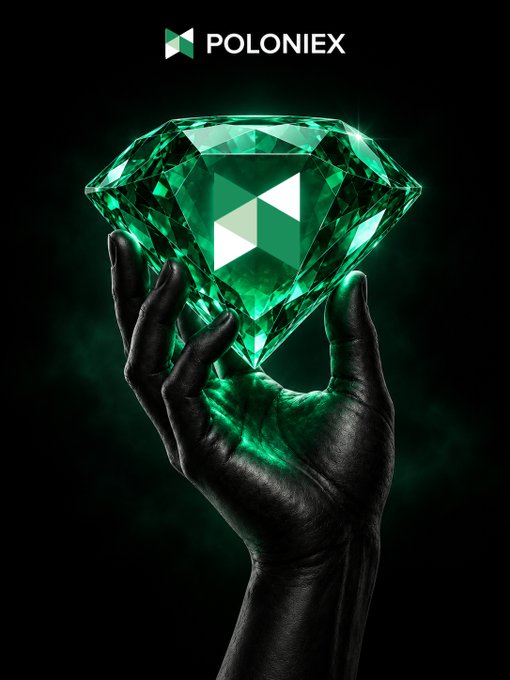 A POLONIEX promotional image showing a dark hand holding a glowing green gem with the Poloniex logo on its facets against a black background.