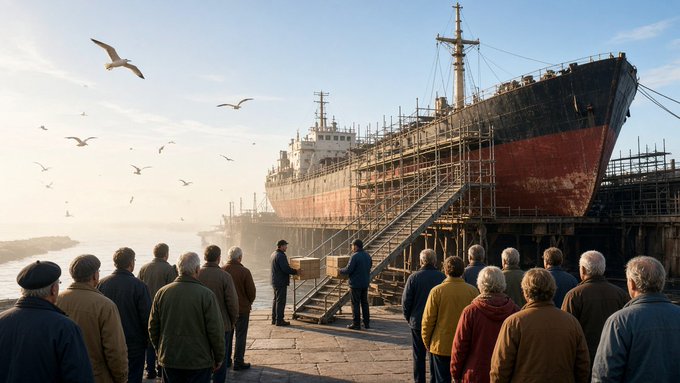 An AI-generated image depicting a crowd of people on a dock watching workers board a large, weathered vessel with scaffolding, set against a misty seascape with seagulls.