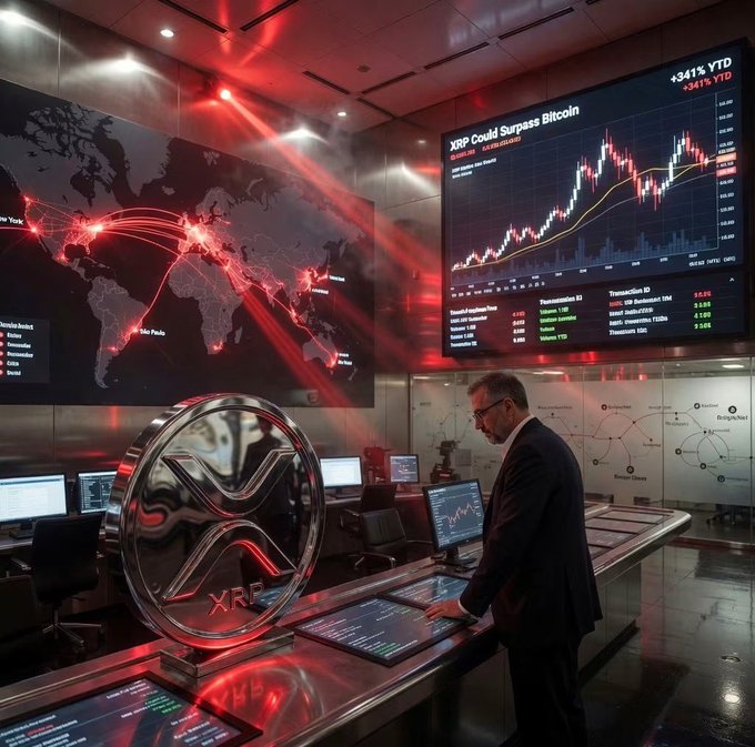 A trader in a suit studies glowing screens displaying an XRP candlestick chart with a +341% YTD surge, while a giant physical XRP coin sculpture dominates the trading floor beneath a red world map of global network activity. The image visually amplifies the post's claim about David Schwartz's bold prediction that XRP could surpass Bitcoin, illustrating the speculative excitement and market momentum surrounding XRP's potential price trajectory.