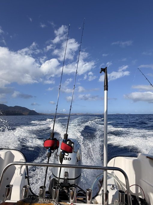 A view from the stern of a fishing boat with rods mounted and an outboard motor, showing the wake trailing behind as it travels through blue ocean water toward a distant coastline.