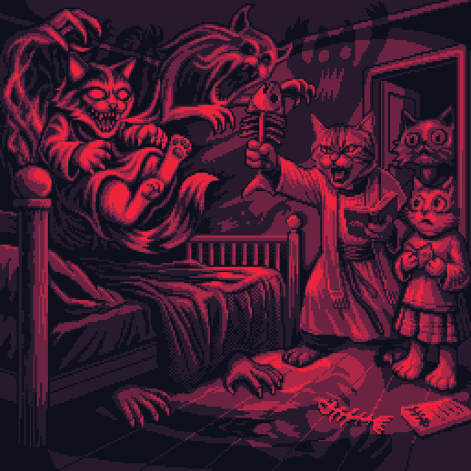 A red and dark purple pixel-art scene depicting a horror scenario where menacing cats surround a bed, with one cat holding a fish skeleton and a human hand reaching out from under the covers.