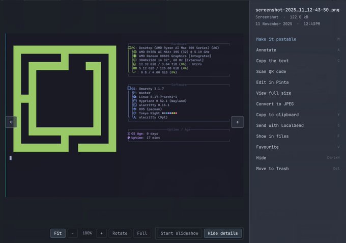 A screenshot of a desktop file viewer showing a green geometric maze-like logo and system information for a PC running AMD Ryzen 5 7600X and RX 7600 with the Omarchy 3.1.7 OS, with a right-click context menu open over a file named 'screenshot-2025-11_12-43-50.png'.