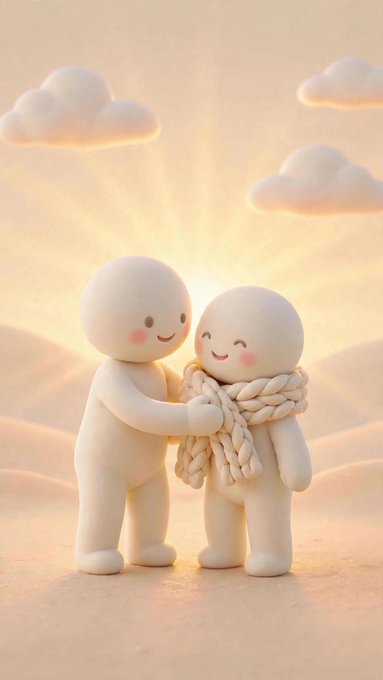 Two minimalist white clay-like figures embrace in a warm, glowing desert-like setting with stylized clouds in the sky.