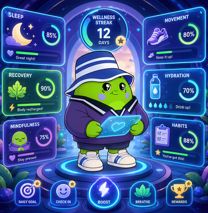 The image features a cartoon character, likely a sleep agoutchi or wellness avatar, standing on a platform with various health-related icons such as water bottles, exercise equipment, and a heart symbol. The character appears to be holding a tablet device in its hands, which could be used for tracking fitness goals or monitoring daily activities.

The post mentions new sectors being welcomed into the Web3 space, including sleep, wellness, recovery, movement, habits, consistency, and health. These sectors are represented by icons within the image that correspond to the different aspects of a healthy lifestyle. The character's presence in this context suggests that it is promoting these new sectors as part of its wellness avatar's mission or purpose.