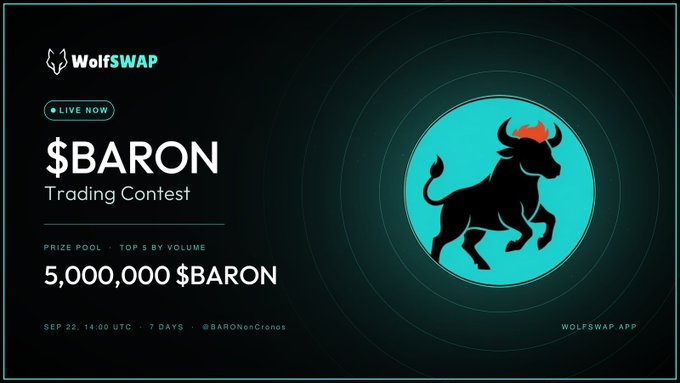 Promotional graphic for WolfSWAP's $BARON Trading Contest, featuring a black bull logo and advertising a 5,000,000 $BARON prize pool starting Sep 22, 14:00 UTC, with hashtag #BARONonCronos.