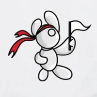 A simple black-and-white cartoon sketch of a cheerful bunny-like character with bunny ears, a red headband, and holding a flag.