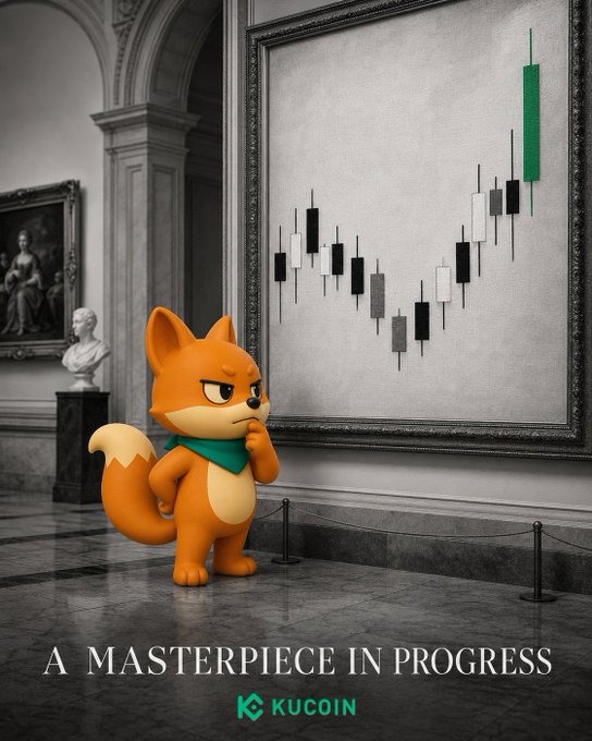 A cartoon fox with a green scarf stands thoughtfully in a classic art museum, admiring a giant framed candlestick chart that trends sharply upward. The image is branded with "A MASTERPIECE IN PROGRESS" and the "KUCOIN" logo at the bottom.

The clever caption "This IS modern art" plays on the visual joke—treating a bullish trading chart as a fine art masterpiece, with the fox as the discerning collector appreciating the rising market as an aesthetic achievement.