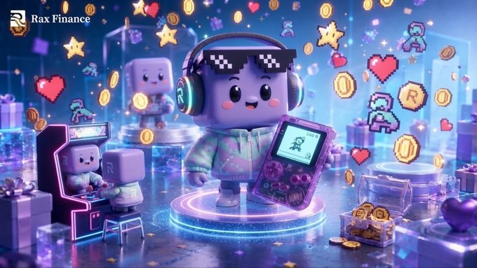 A colorful 3D illustration for 'Rax Finance' featuring a cute character wearing pixelated sunglasses and headphones, surrounded by retro gaming elements, coins, and hearts.
