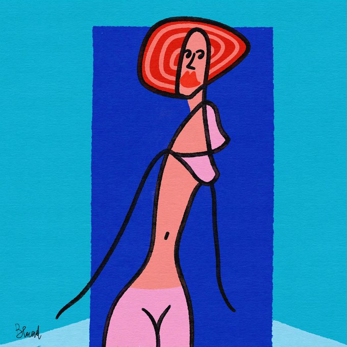 A stylized illustration of a woman in a pink bikini and large red hat stands against a blue background, featuring the signature "Blaad" in the bottom left corner.