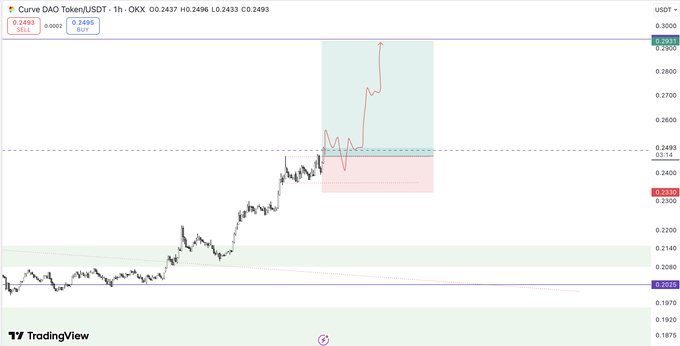 A TradingView 1-hour chart of Curve DAO Token (CRV/USDT) showing price action reaching approximately 0.2493, with a red arrow indicating the trader's entry point at a key support zone before projecting a bullish move toward the highlighted target area around 0.2800.