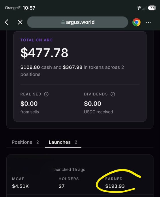 Screenshot of an Argus World portfolio showing a total of $477.78 on ARC ($109.80 cash and $367.98 in tokens), with a recent launch earning $193.93 circled in yellow, illustrating the post's claim of nearly $200 in earnings on Arguspad.
