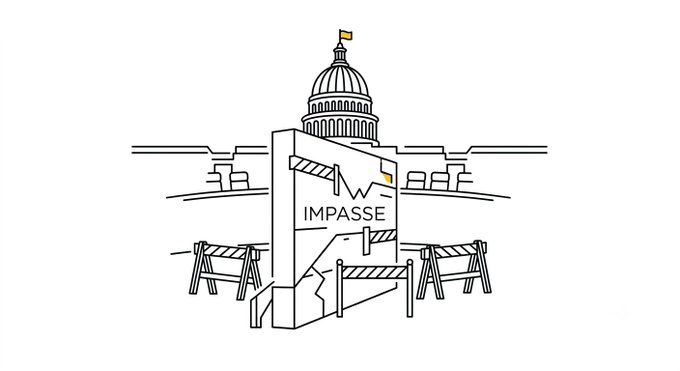 A minimalist line illustration depicting the U.S. Capitol building with a door labeled 'IMPASSE' surrounded by construction barricades.
