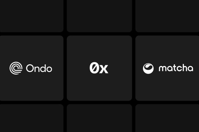 A dark-themed logo display showing three cryptocurrency/blockchain brand logos: Ondo, 0X, and matcha, arranged in a grid pattern on black tiles.
