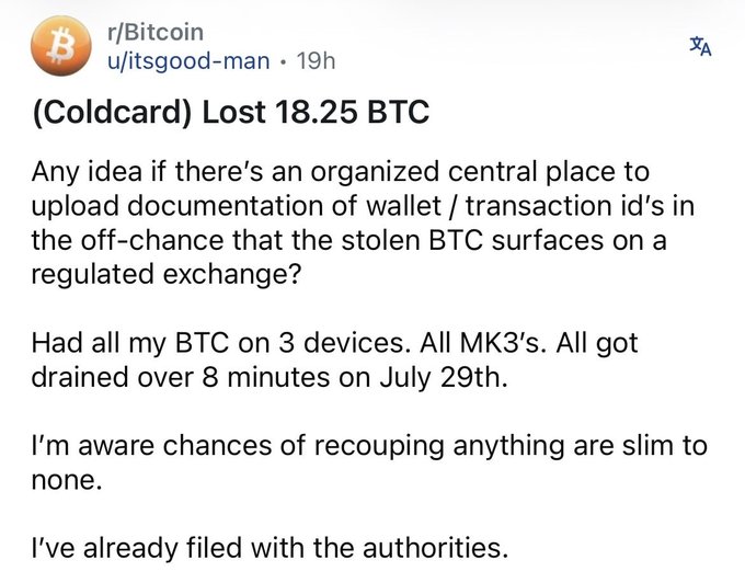 A Reddit post from r/Bitcoin by user itsgood-man titled '(Coldcard) Lost 18.25 BTC' asking for advice on documenting stolen wallet transaction IDs.