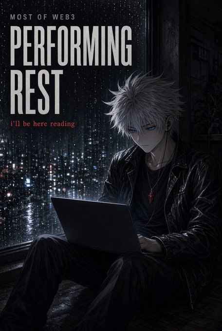 Stylized anime-style digital artwork featuring a white-haired character with blue eyes using a laptop in a rainy city, with text 'MOST OF WEB3', 'PERFORMING REST', and 'i'll be here reading'.