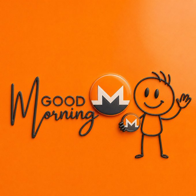 An orange graphic with the text 'Good Morning' alongside the Monero (XMR) cryptocurrency logo and a cartoon stick figure waving.