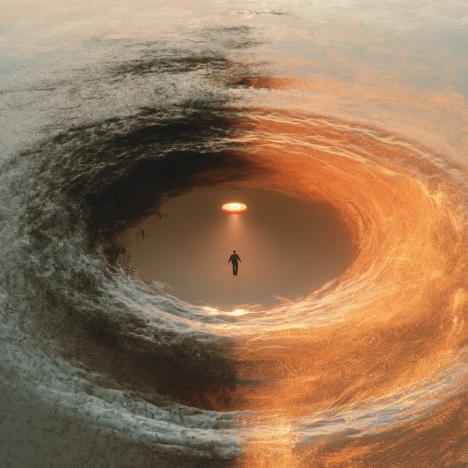 A surreal digital artwork shows a small figure walking inside a massive swirling vortex of orange and gray clouds toward a glowing portal.