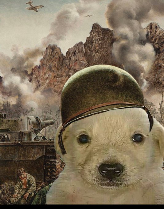 A golden retriever puppy wearing a military helmet stands in the foreground of a war-torn landscape featuring a tank, soldiers, mountains, and fighter planes, humorously embodying the "Gm my trench people" greeting as a cute, wide-eyed recruit ready to bid alongside the battle-weary troops.